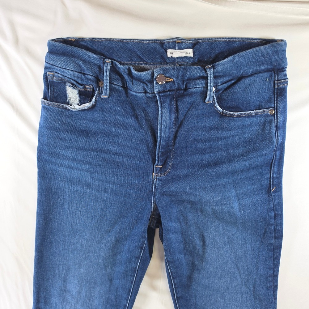 Good American 70s Flare High Rise Jeans 12 31 Distressed Modern Boho Blue - Picture 2 of 11
